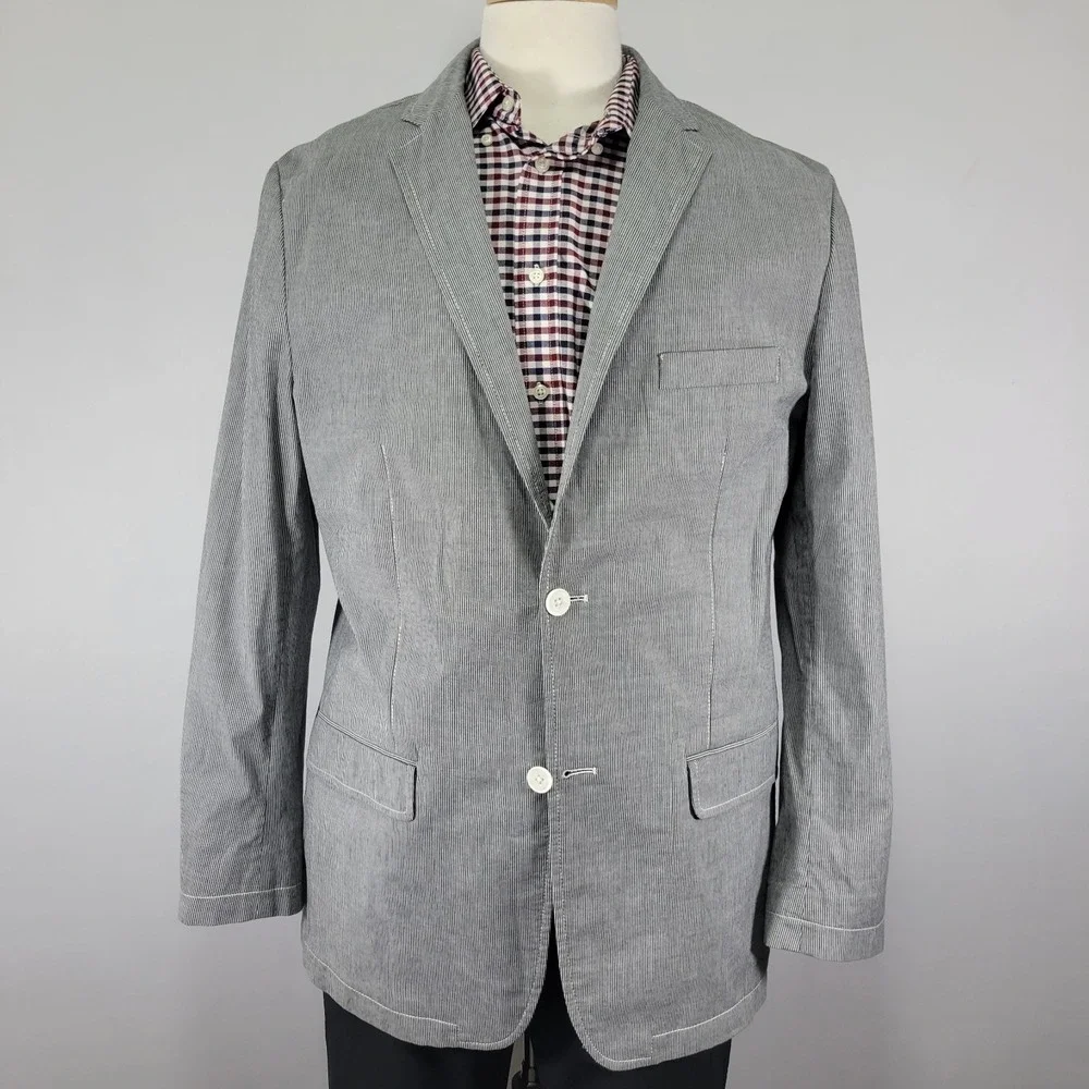 Material London Men's Sport Coat Blazer Two Button Unstructured Gray Striped‎ LG